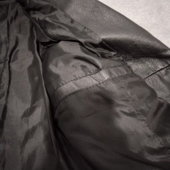 VTG C&A Jacket Women 14 Black Nappa Leather Trench Coat Long Leg Slit Steampunk - Picture 16 of 16